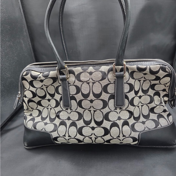 Coach Black and Gray Signature Print with Leather Accents